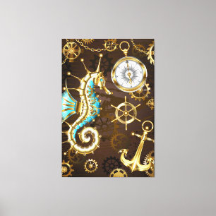 Houten Achtergrond met Mechanische Zeepaard Canvas Afdruk