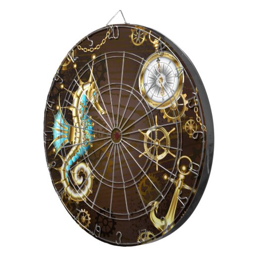 Houten achtergrond met mechanische zeepaard dartbord (Voorkant Rechts)