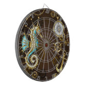 Houten achtergrond met mechanische zeepaard dartbord (Voorkant Links)