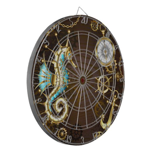 Houten achtergrond met mechanische zeepaard dartbord (Voorkant Links)