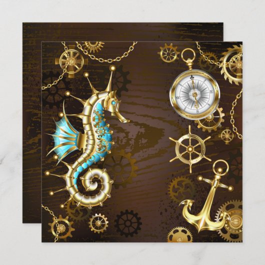 Houten achtergrond met mechanische zeepaard feestdagenkaart (Voorkant / Achterkant)