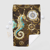 Houten achtergrond met mechanische zeepaard golfhanddoek (Insitu)