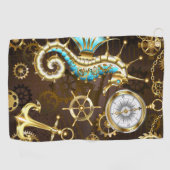 Houten achtergrond met mechanische zeepaard golfhanddoek (Horizontaal)