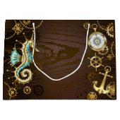 Houten achtergrond met mechanische zeepaard groot cadeauzakje (Voorkant)