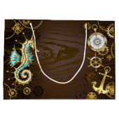 Houten achtergrond met mechanische zeepaard groot cadeauzakje (Achterkant)