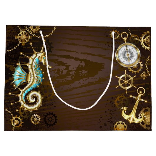 Houten achtergrond met mechanische zeepaard groot cadeauzakje (Achterkant)