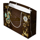 Houten achtergrond met mechanische zeepaard groot cadeauzakje (Achterkant Gekanteld)