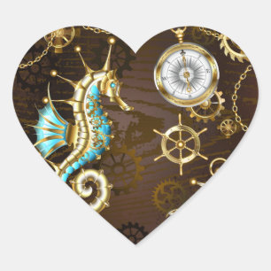 Houten achtergrond met mechanische zeepaard hart sticker