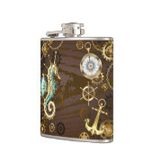 Houten achtergrond met mechanische zeepaard heupfles (Links)