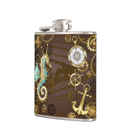 Houten achtergrond met mechanische zeepaard heupfles (Links)