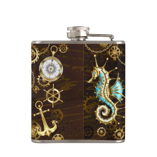 Houten achtergrond met mechanische zeepaard heupfles (Achterkant)