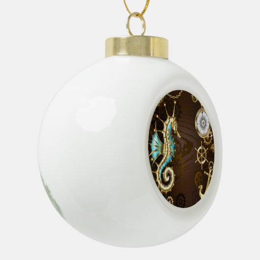 Houten achtergrond met mechanische zeepaard keramische bal ornament (Links)