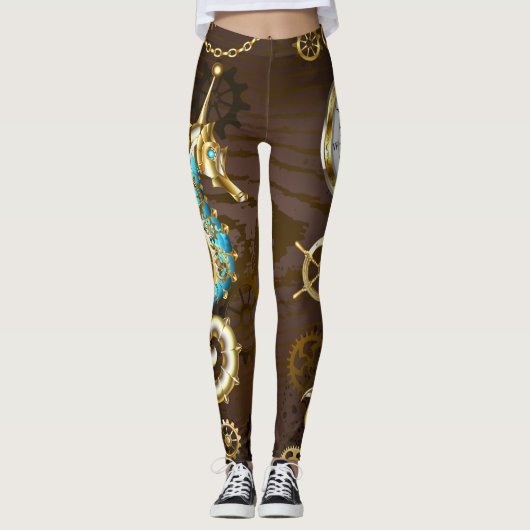 Houten achtergrond met mechanische zeepaard leggings (Voorkant)