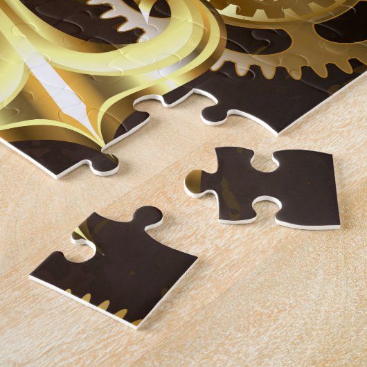 Houten achtergrond met mechanische zeepaard legpuzzel (Zijkant)