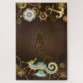 Houten achtergrond met mechanische zeepaard legpuzzel (Verticaal)