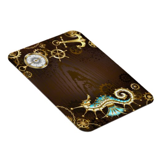 Houten achtergrond met mechanische zeepaard magneet (Rechterzijde)