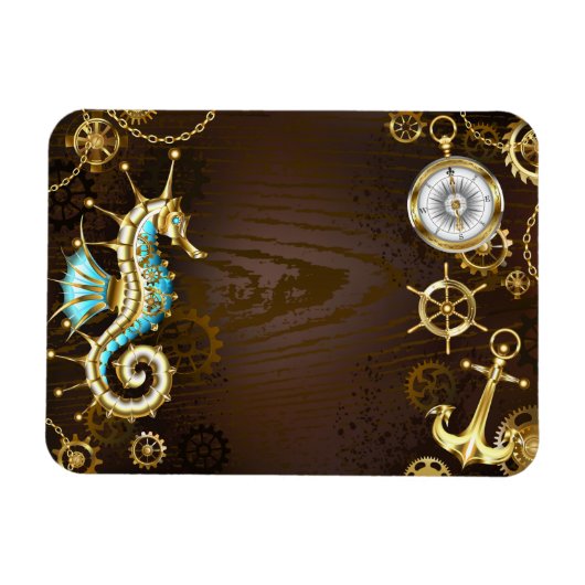 Houten achtergrond met mechanische zeepaard magneet (Horizontaal)