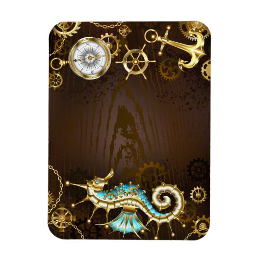 Houten achtergrond met mechanische zeepaard magneet (Verticaal)