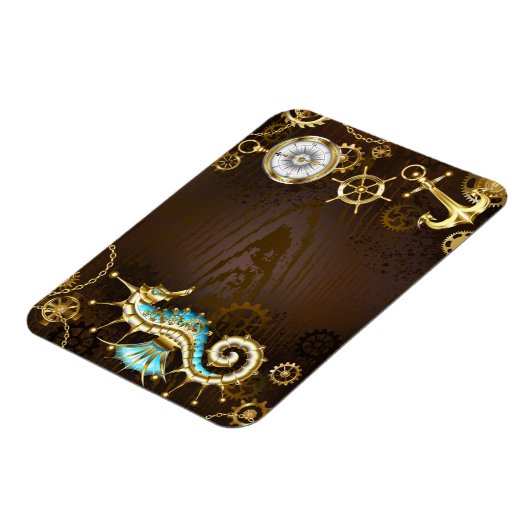 Houten achtergrond met mechanische zeepaard magneet (Linkerzijde)