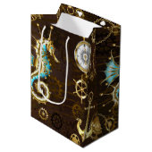 Houten achtergrond met mechanische zeepaard medium cadeauzakje (Voorkant Gekanteld)