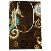 Houten achtergrond met mechanische zeepaard medium cadeauzakje (Voorkant)