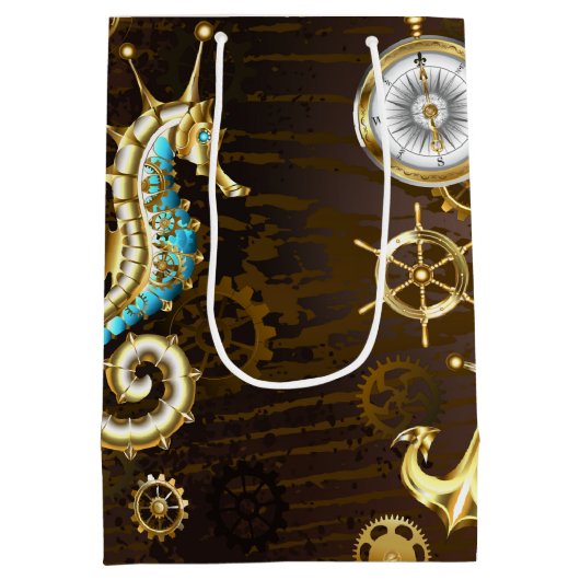 Houten achtergrond met mechanische zeepaard medium cadeauzakje (Achterkant)