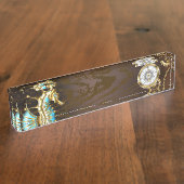 Houten achtergrond met mechanische zeepaard naambordje (Zijkant)