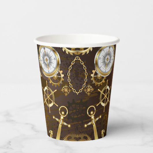 Houten Achtergrond met Mechanische Zeepaard Papieren Bekers (Achterkant)