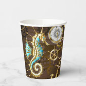 Houten Achtergrond met Mechanische Zeepaard Papieren Bekers (Links)