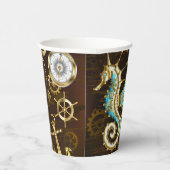 Houten Achtergrond met Mechanische Zeepaard Papieren Bekers (Rechts)