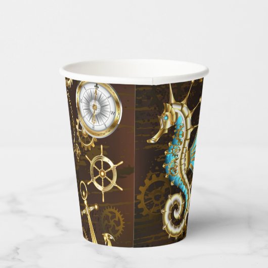 Houten Achtergrond met Mechanische Zeepaard Papieren Bekers (Rechts)