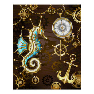 Houten achtergrond met mechanische zeepaard perfect poster