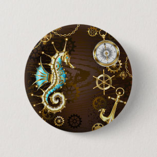 Houten achtergrond met mechanische zeepaard ronde button 5,7 cm