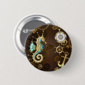 Houten achtergrond met mechanische zeepaard ronde button 5,7 cm (Voorkant /achterkant)