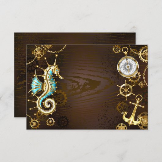 Houten achtergrond met mechanische zeepaard RSVP kaartje (Voorkant / Achterkant)