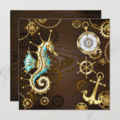 Houten achtergrond met mechanische zeepaard save the date (Voorkant / Achterkant)