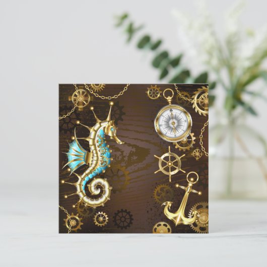 Houten achtergrond met mechanische zeepaard save the date (Staand voorkant)