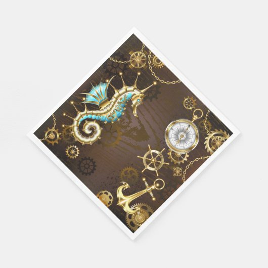 Houten achtergrond met mechanische zeepaard servet (Hoek)