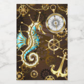 Houten achtergrond met mechanische zeepaard voedselcontainer etiket (Enkel label)