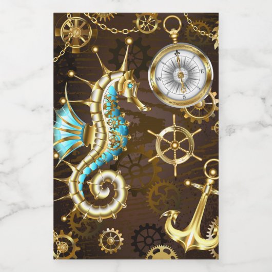 Houten achtergrond met mechanische zeepaard voedselcontainer etiket (Enkel label)