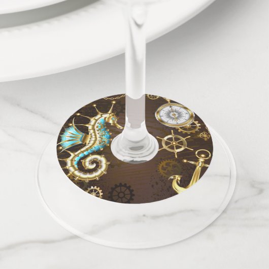 Houten Achtergrond met Mechanische Zeepaard Wijnglaslabel (Dichtbij)