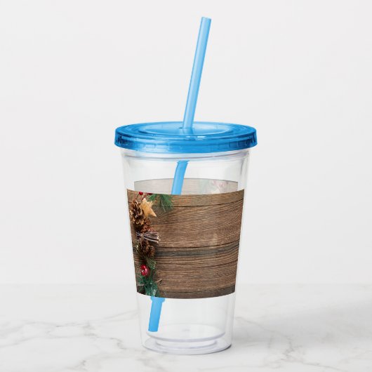 houten achtergrond met pijnbomen acryl drinkbeker (Achterkant)