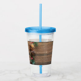 houten achtergrond met pijnbomen acryl drinkbeker