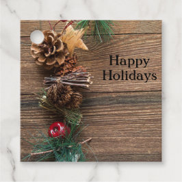 houten achtergrond met pijnbomen bedankjes labels