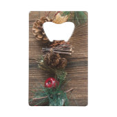 houten achtergrond met pijnbomen creditkaart flessenopener (Voorkant)