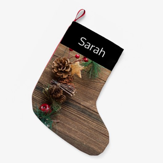 houten achtergrond met pijnbomen kleine kerstsok (Voorkant (Hangend))