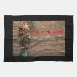 houten achtergrond met pijnbomen theedoek