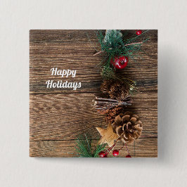 houten achtergrond met pijnbomen vierkante button 5,1 cm