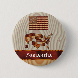 Houten Amerikaanse vlag en kaart Ronde Button 5,7 Cm