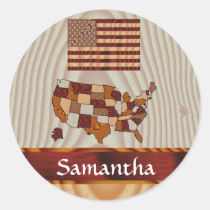 Houten Amerikaanse vlag en kaart Ronde Sticker